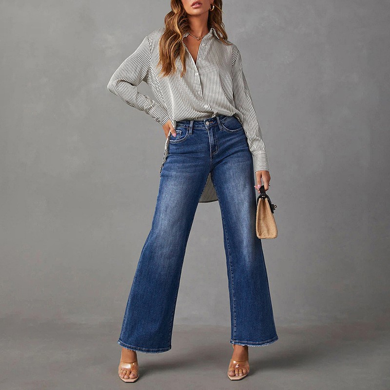 Denim ultraelástico de tiro alto en azul oscuro lavado