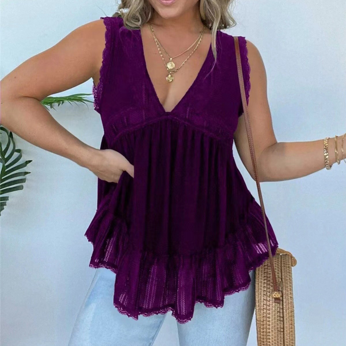 Top de terciopelo con cuello en V y encaje para mujer