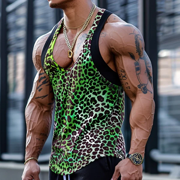 CAMISETA DE TIRANTES SEXY CON CUELLO EN U Y ESTAMPADO DE LEOPARDO CON PATCHWORK PARA HOMBRE