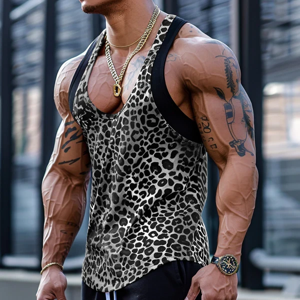 CAMISETA DE TIRANTES SEXY CON CUELLO EN U Y ESTAMPADO DE LEOPARDO CON PATCHWORK PARA HOMBRE