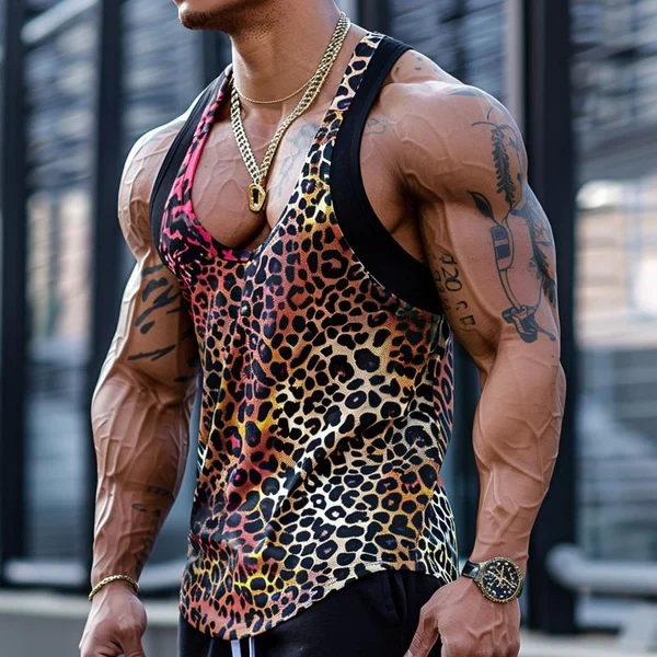 CAMISETA DE TIRANTES SEXY CON CUELLO EN U Y ESTAMPADO DE LEOPARDO CON PATCHWORK PARA HOMBRE