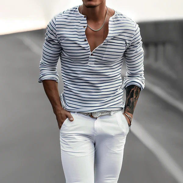 Camiseta informal de manga larga con cuello henley a rayas para hombre