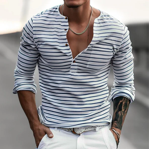 Camiseta informal de manga larga con cuello henley a rayas para hombre