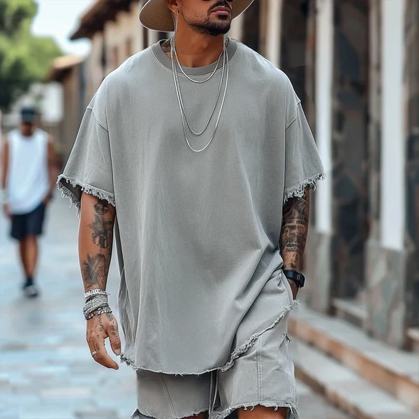 Camiseta de manga corta con cuello redondo, holgada y lisa para hombre