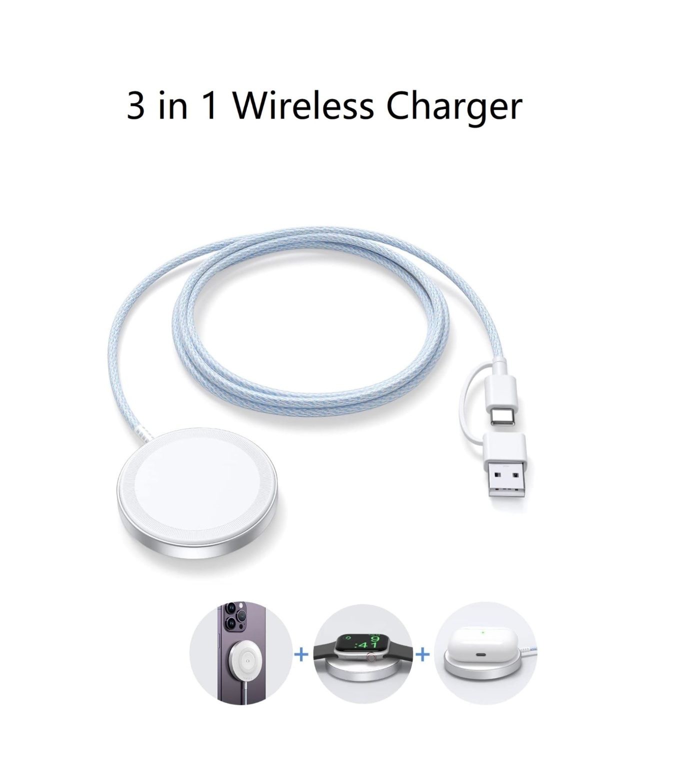 Cargador inalámbrico 3 en 1 para teléfono, Apple Watch y Airpods
