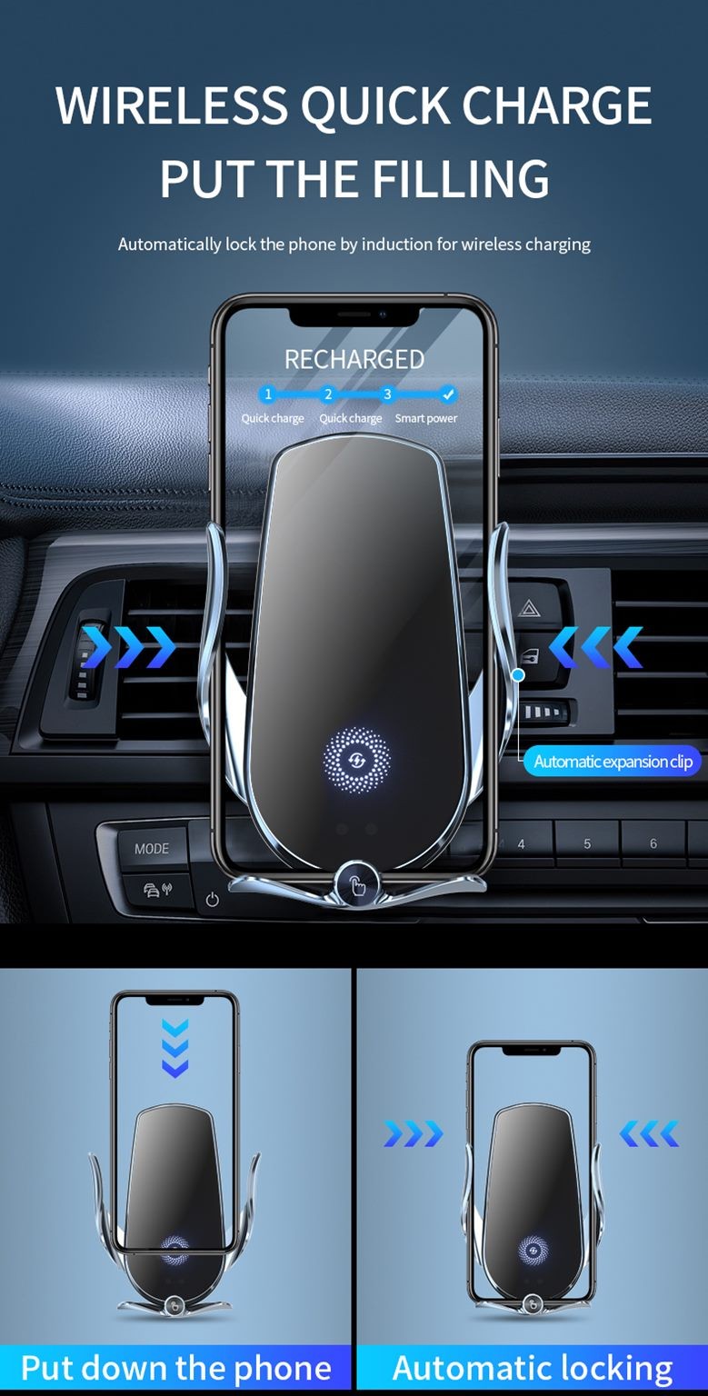 Cargador inalámbrico para coche, carga rápida, soporte para rejilla de ventilación y salpicadero