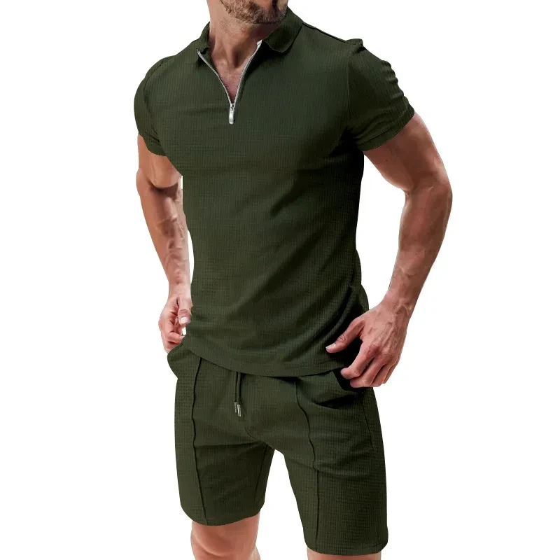 Traje de dos piezas de punto gofre con cremallera y pantalones cortos con cordón para hombre
