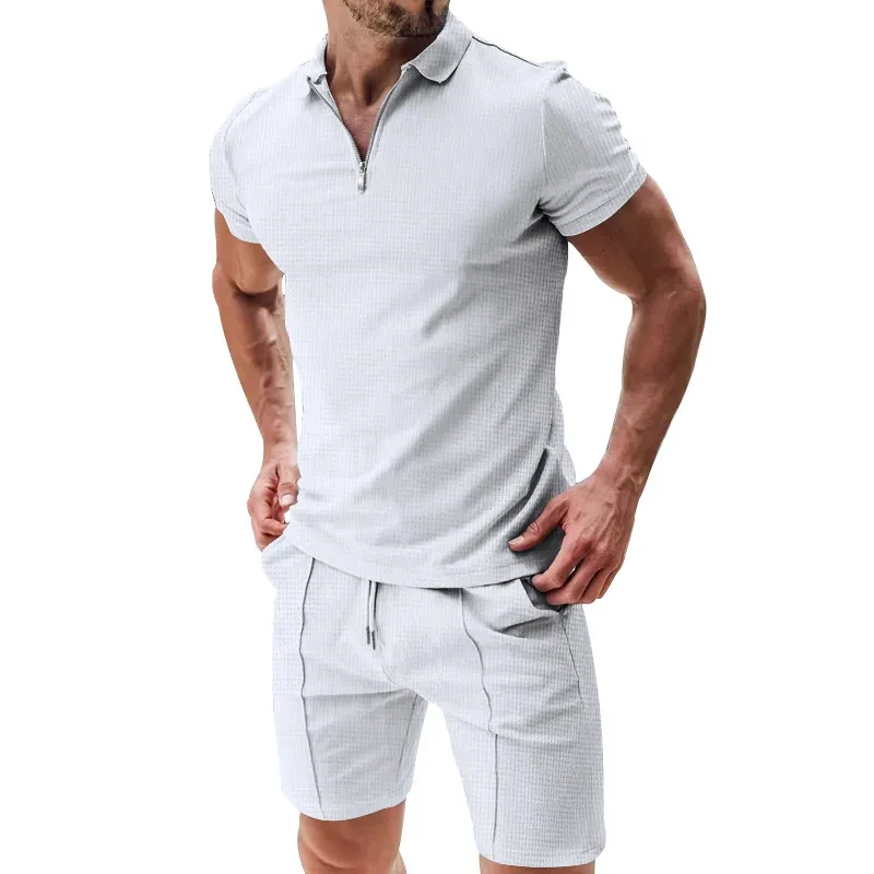 Traje de dos piezas de punto gofre con cremallera y pantalones cortos con cordón para hombre