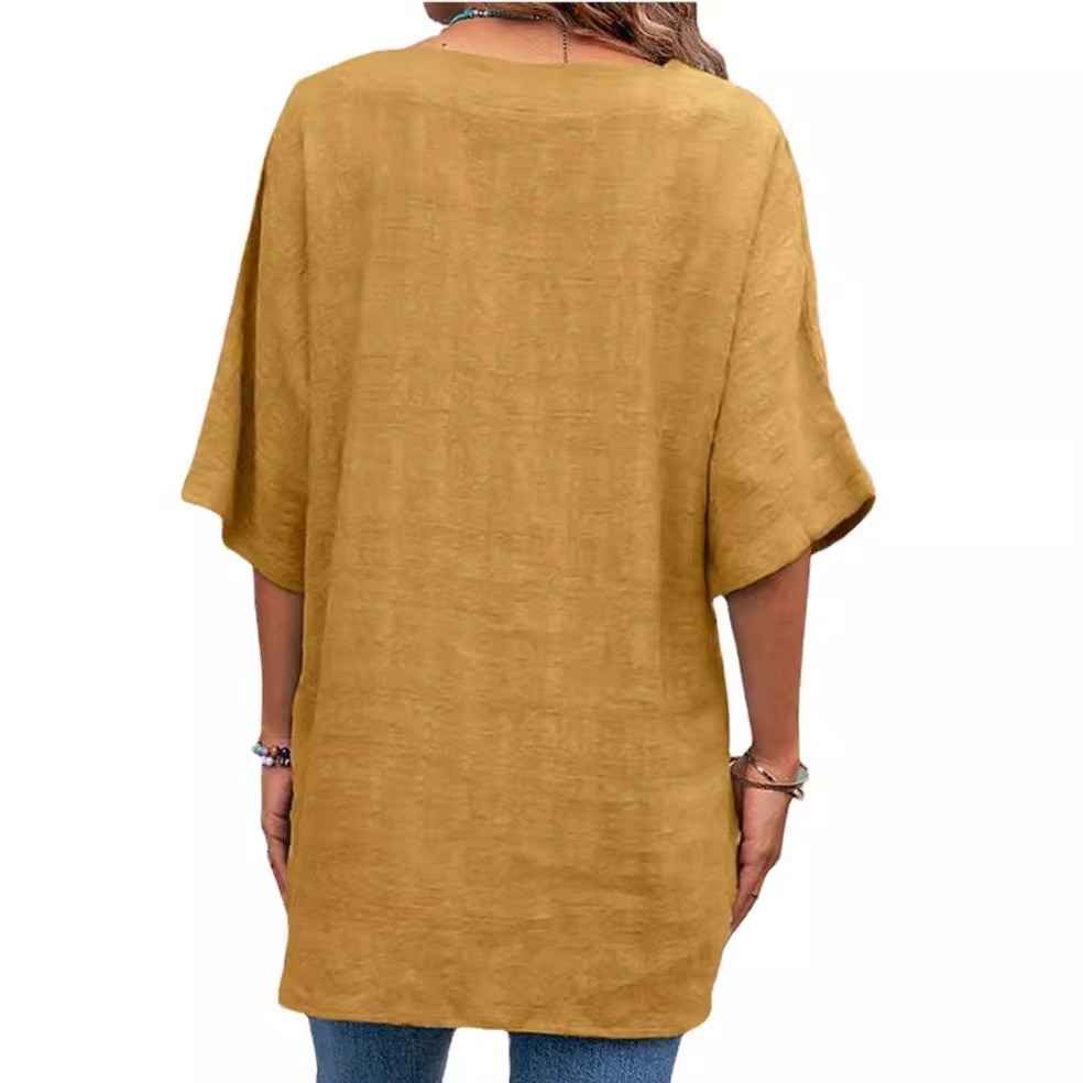 Camisa de algodón de color liso con cuello en V para mujer