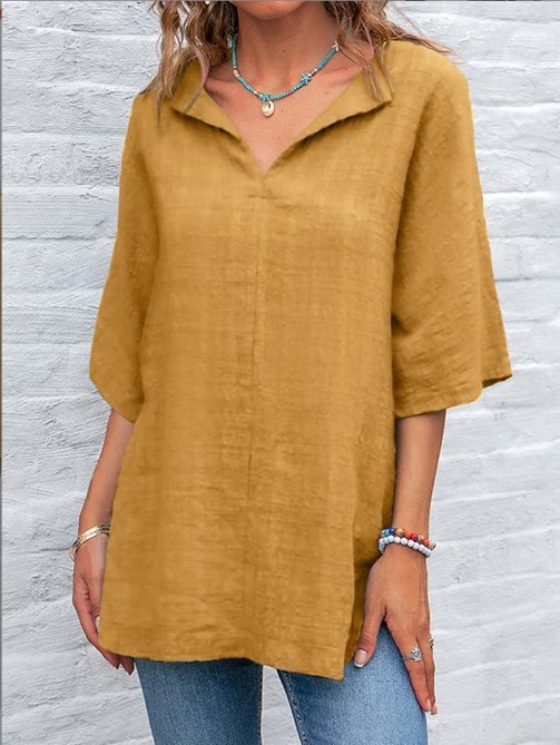 Camisa de algodón de color liso con cuello en V para mujer