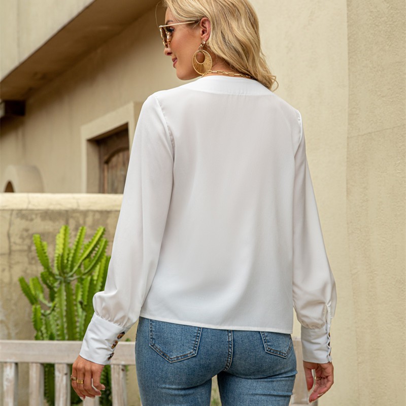 Camisa de gasa de manga larga con escote en V profundo para mujer