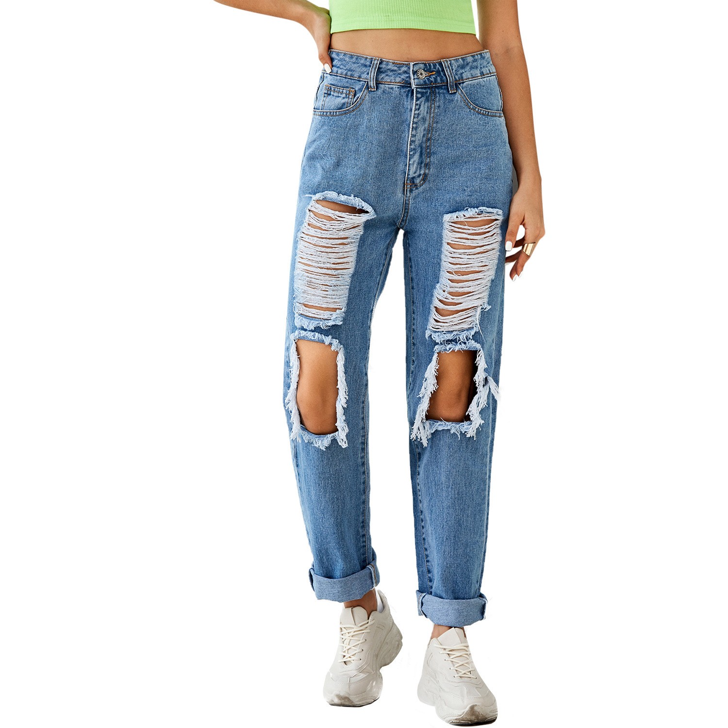 Pantalones vaqueros rectos rotos de cintura alta para mujer