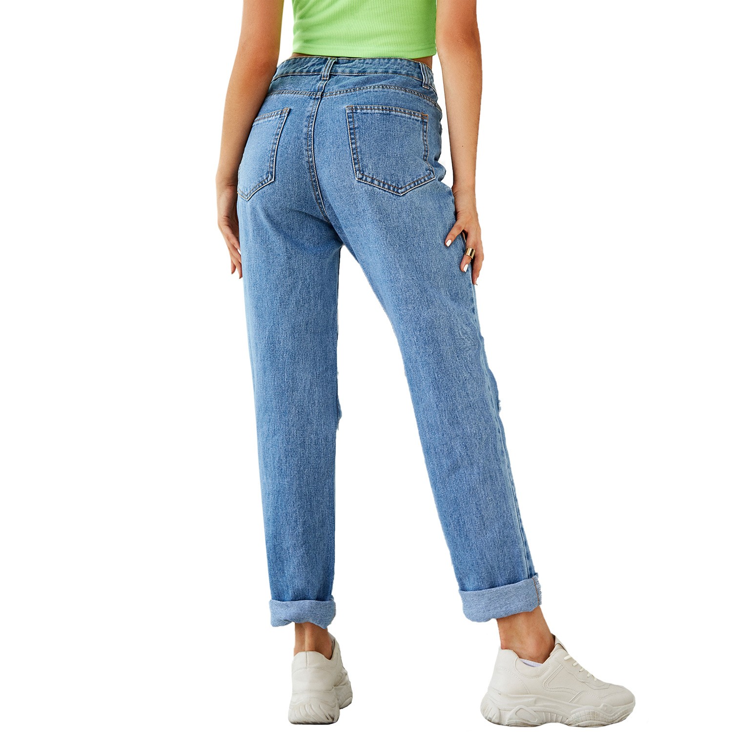 Pantalones vaqueros rectos rotos de cintura alta para mujer