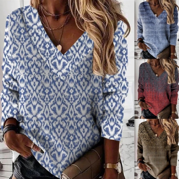 Camisa de mujer de manga larga con cuello en V y estampado floral