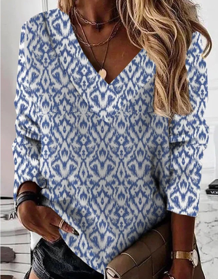 Camisa de mujer de manga larga con cuello en V y estampado floral
