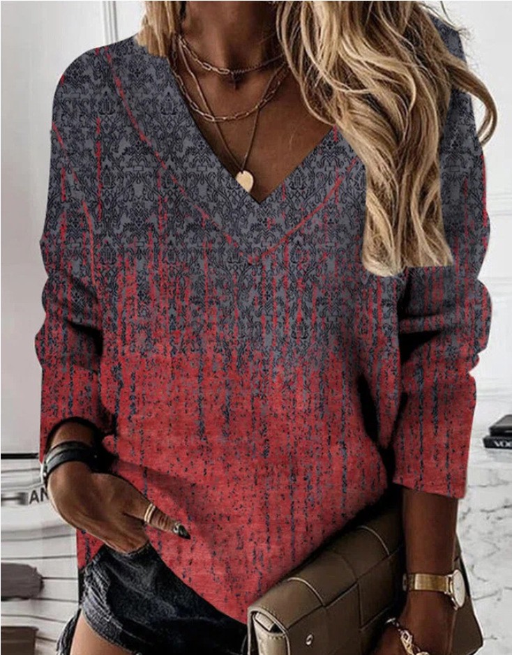 Camisa de mujer de manga larga con cuello en V y estampado floral