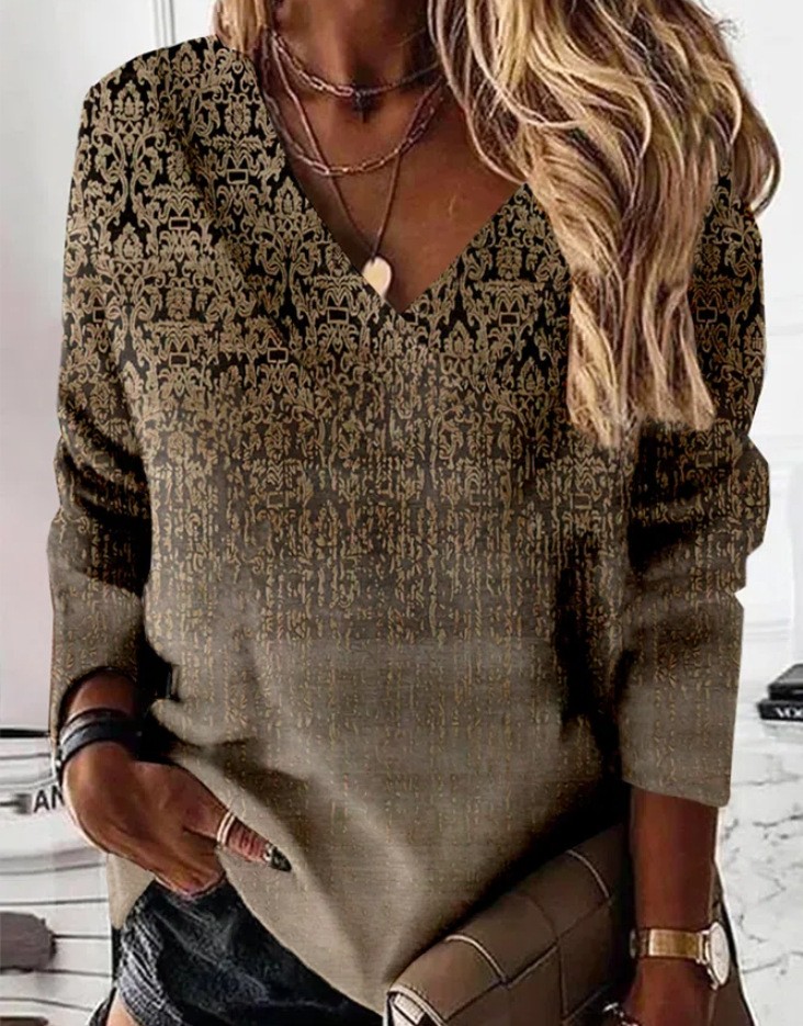 Camisa de mujer de manga larga con cuello en V y estampado floral