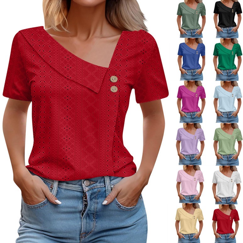 Camiseta de manga corta con cuello en V para mujer para verano