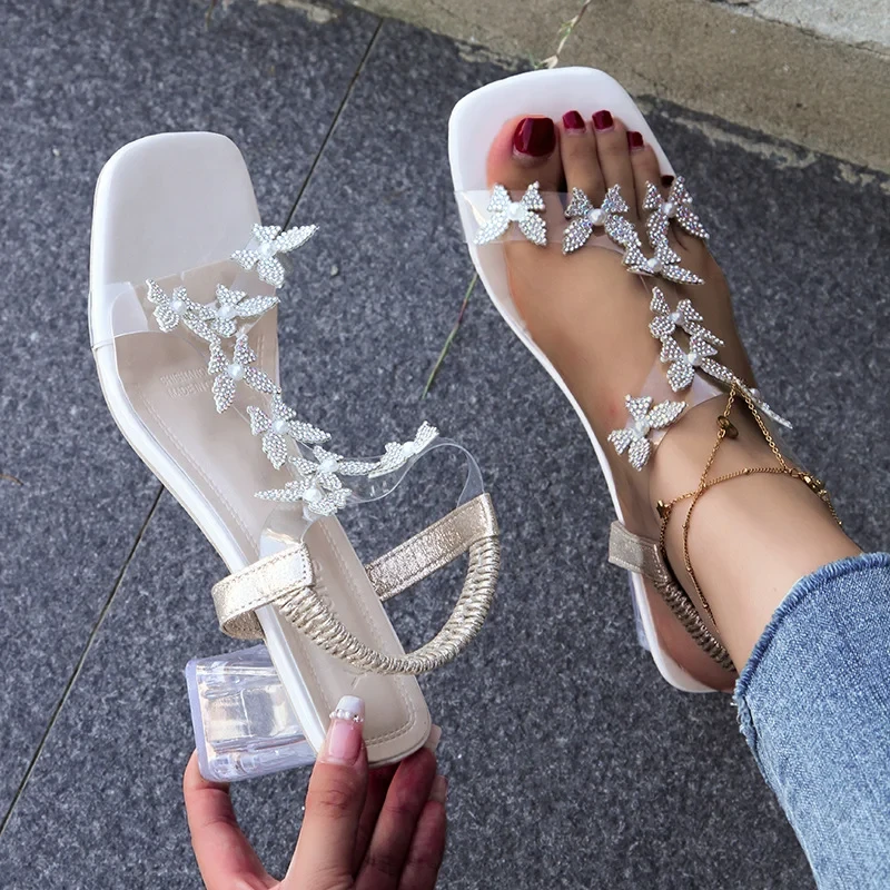 Sandalias de tacón de bloque con diamantes de imitación y flores para mujer