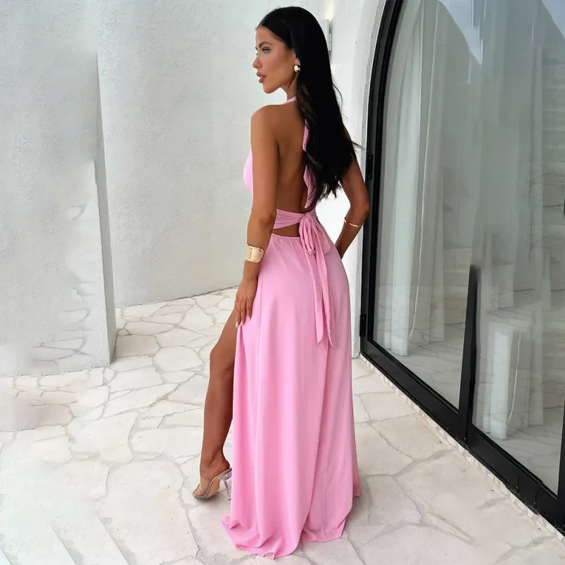 Vestido sexy con cuello halter, escote en V y abertura