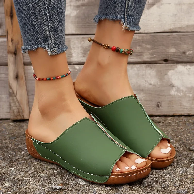 Sandalias de cuña sólidas de moda, zapatillas informales de verano con punta abierta