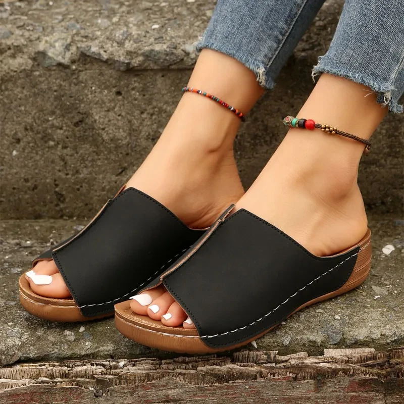 Sandalias de cuña sólidas de moda, zapatillas informales de verano con punta abierta