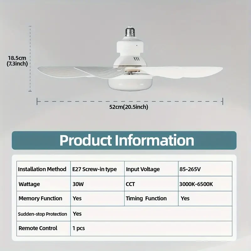 Ventilador de techo multifuncional con casquillo E26/E27 de 1 pieza