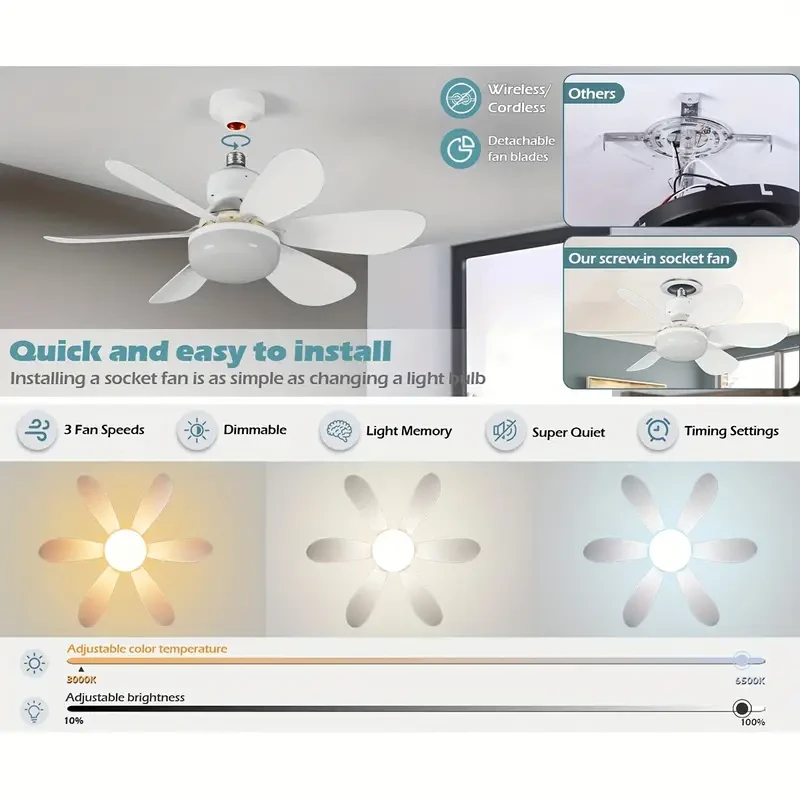 Ventilador de techo multifuncional con casquillo E26/E27 de 1 pieza