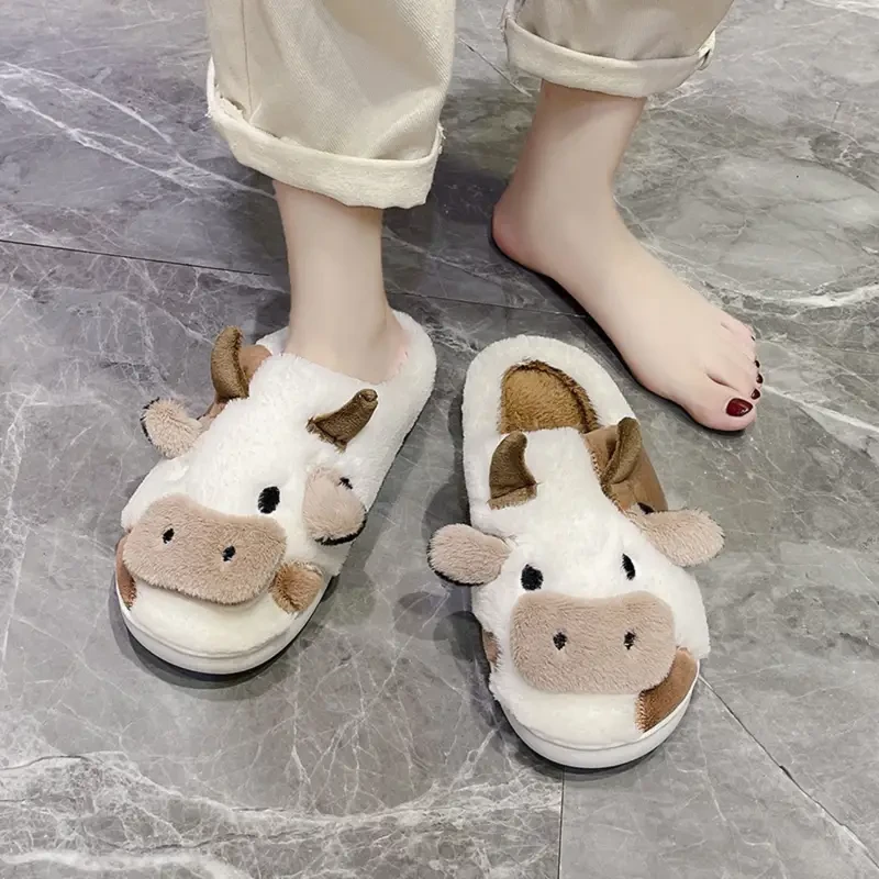 Pantuflas peludas con estampado de vaca ultrasuaves para mujer