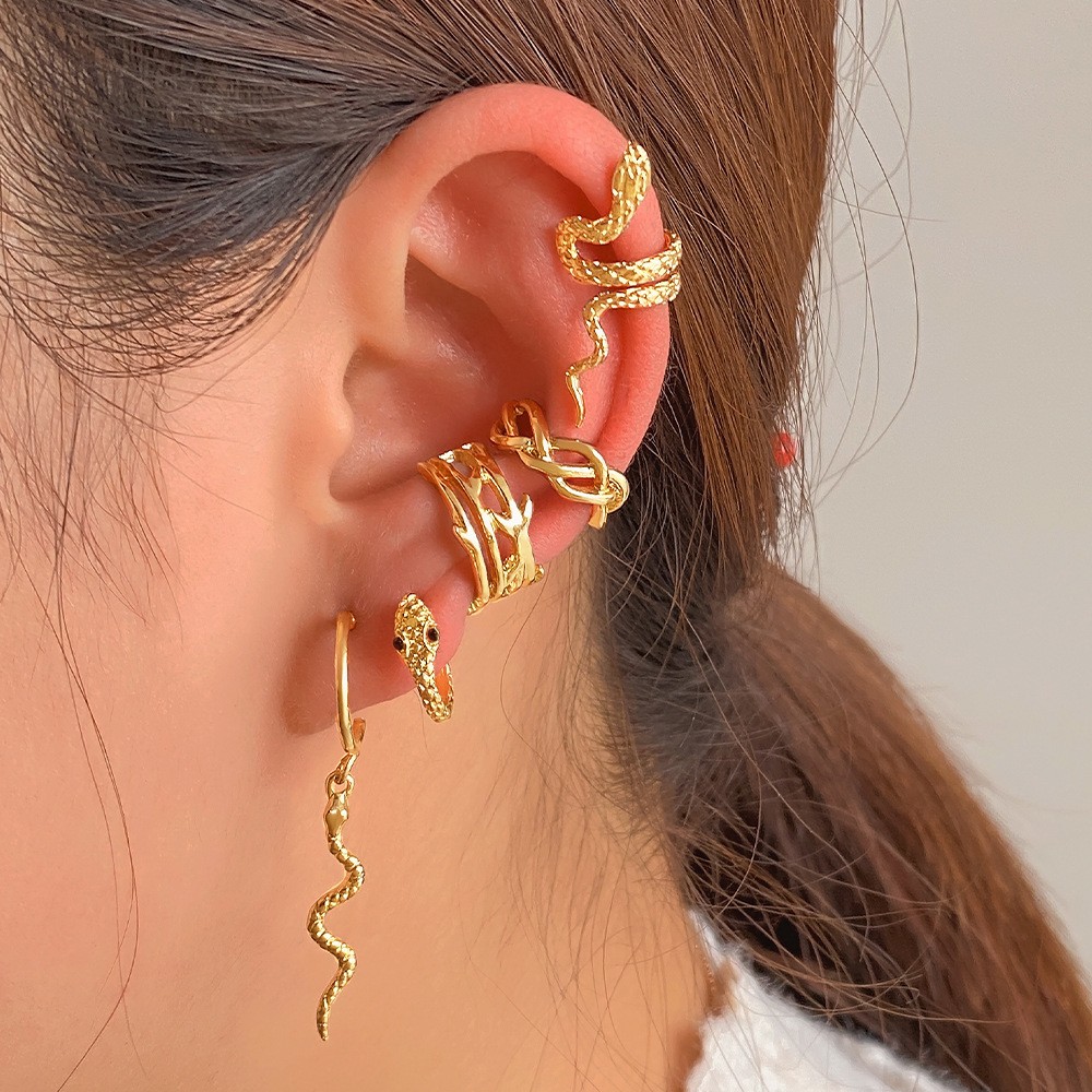 Pendientes de clip con diseño de serpiente y animales chapados en oro estilo punk