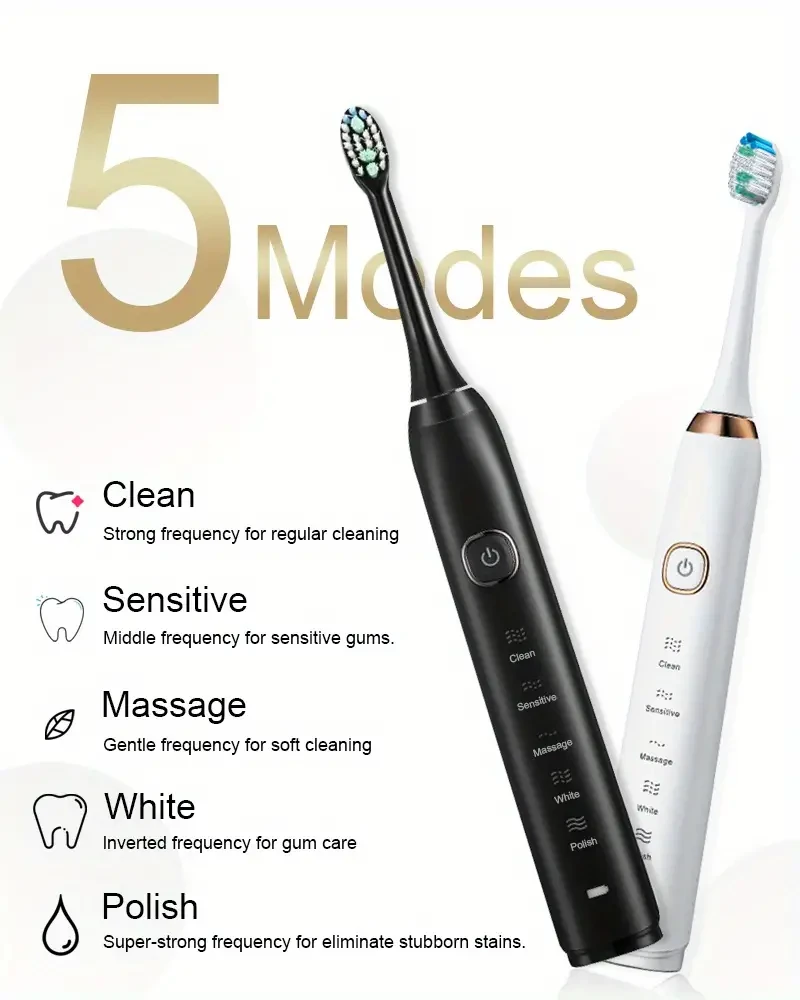 Cepillo de dientes eléctrico sónico: carga inalámbrica y 5 modos de cepillado