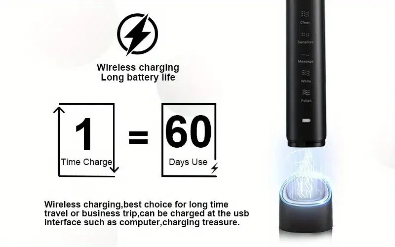 Cepillo de dientes eléctrico sónico: carga inalámbrica y 5 modos de cepillado