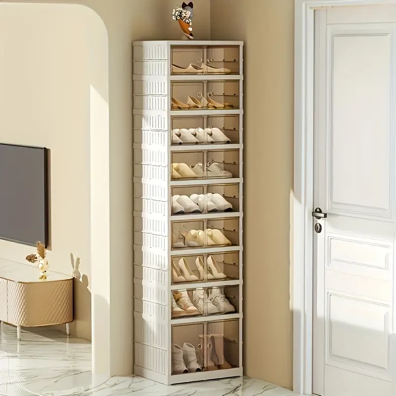 Zapatero plegable de 9 capas con puerta transparente, resistente al polvo y fácil de instalar, ideal para sala de estar.