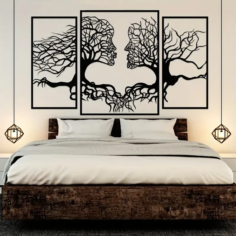 Arte mural con silueta de árbol del amor en metal negro estilo art déco: escultura colgante con figuras abstractas