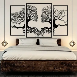 Arte mural con silueta de árbol del amor en metal negro estilo art déco: escultura colgante con figuras abstractas