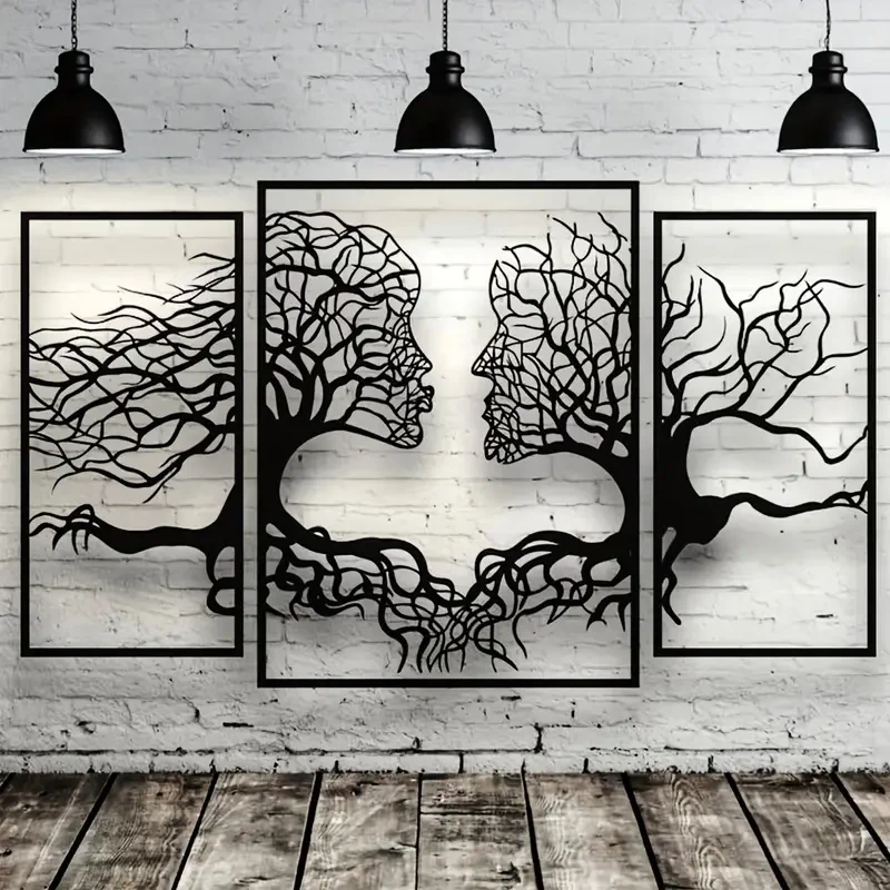 Arte mural con silueta de árbol del amor en metal negro estilo art déco: escultura colgante con figuras abstractas