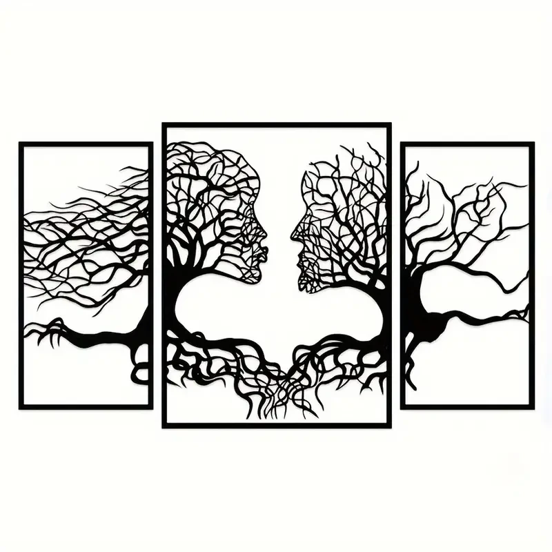 Arte mural con silueta de árbol del amor en metal negro estilo art déco: escultura colgante con figuras abstractas