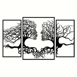 Arte mural con silueta de árbol del amor en metal negro estilo art déco: escultura colgante con figuras abstractas