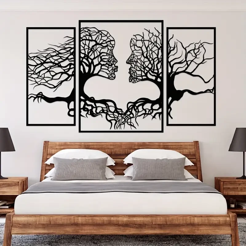 Arte mural con silueta de árbol del amor en metal negro estilo art déco: escultura colgante con figuras abstractas