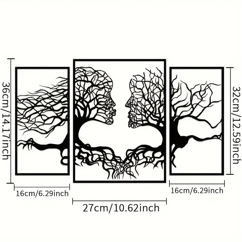 Arte mural con silueta de árbol del amor en metal negro estilo art déco: escultura colgante con figuras abstractas