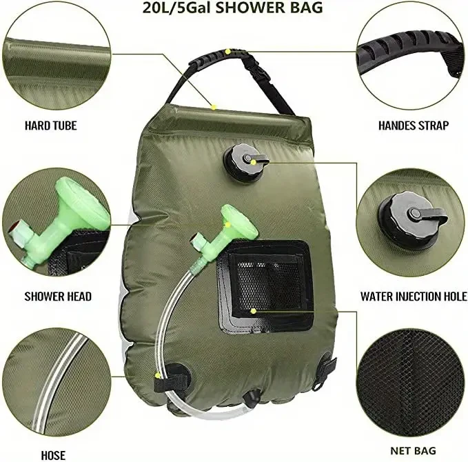 Bolsa de ducha solar para camping: bolsa de baño portátil con manguera extraíble