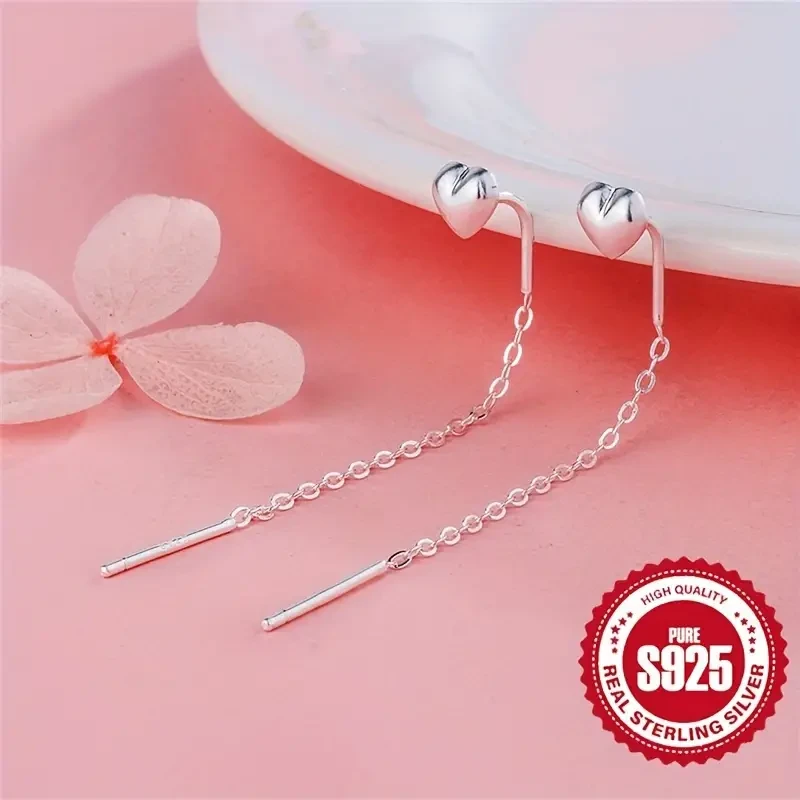 Adorables pendientes colgantes de corazón de plata de ley