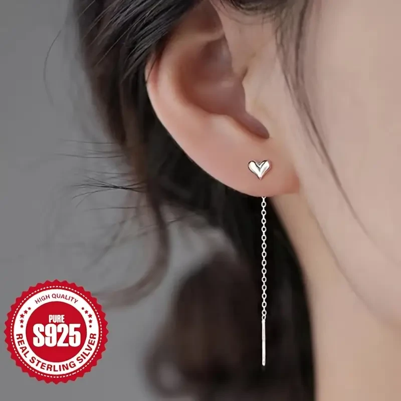Adorables pendientes colgantes de corazón de plata de ley