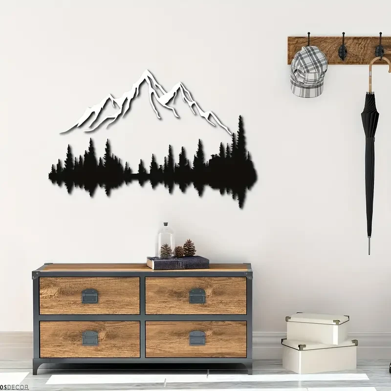 Arte de pared de metal de montaña y bosque