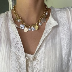 Cadena de clavícula con moneda y perla de imitación
