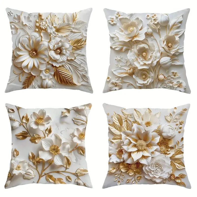 4 fundas de almohada de terciopelo de lujo con estampado floral 3D