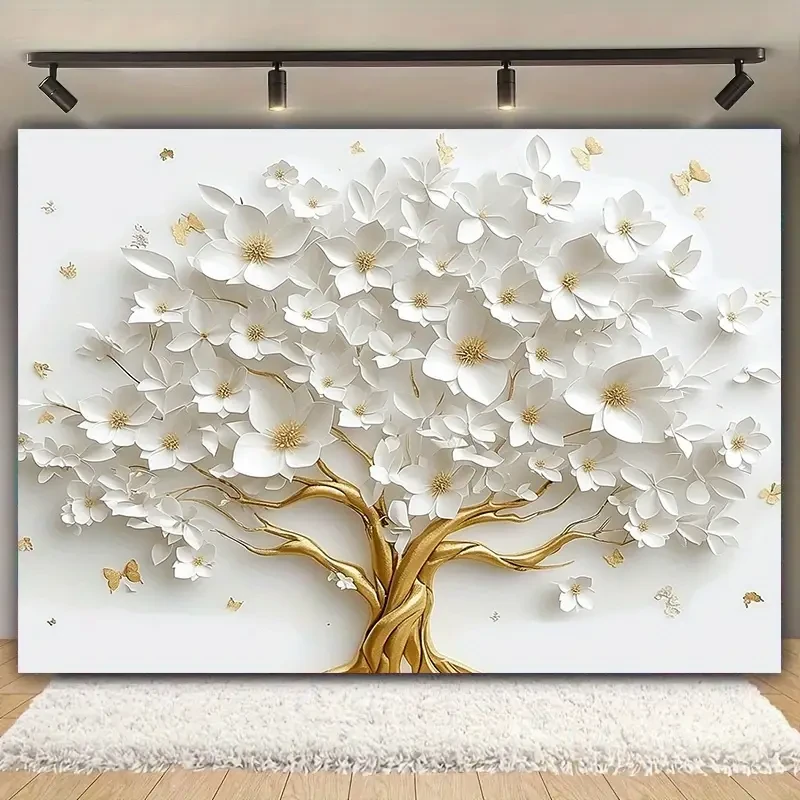 Árbol de la vida blanco en 3D con fondo floral dorado