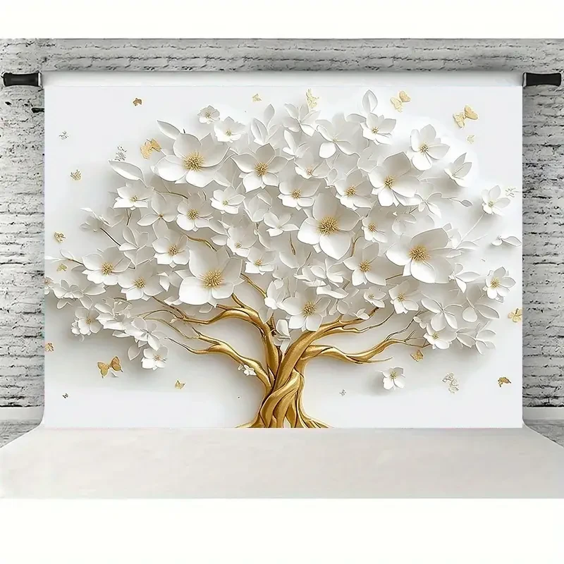 Árbol de la vida blanco en 3D con fondo floral dorado