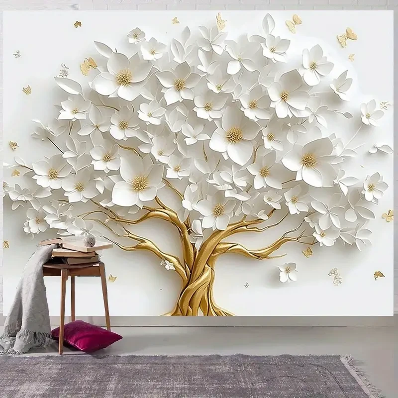 Árbol de la vida blanco en 3D con fondo floral dorado