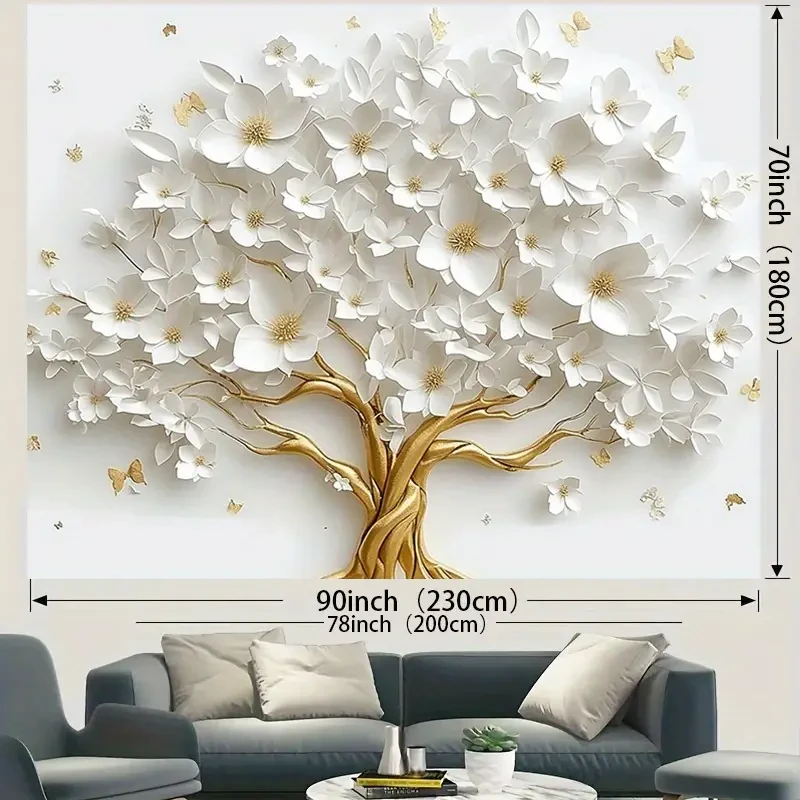 Árbol de la vida blanco en 3D con fondo floral dorado